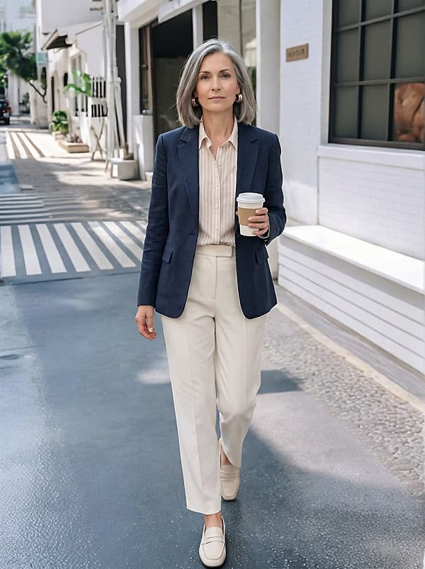 beige trousers and navy blazer spring outfit