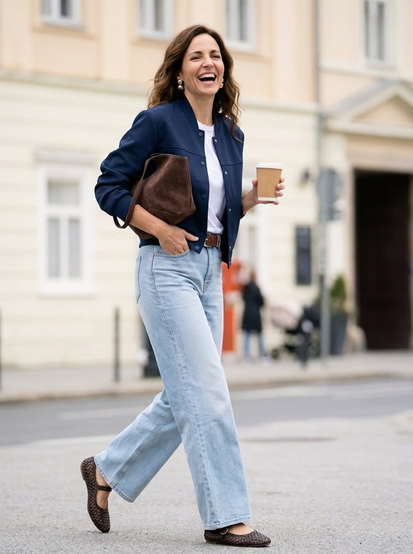 woman in spring outfit bomber jacket and jeans