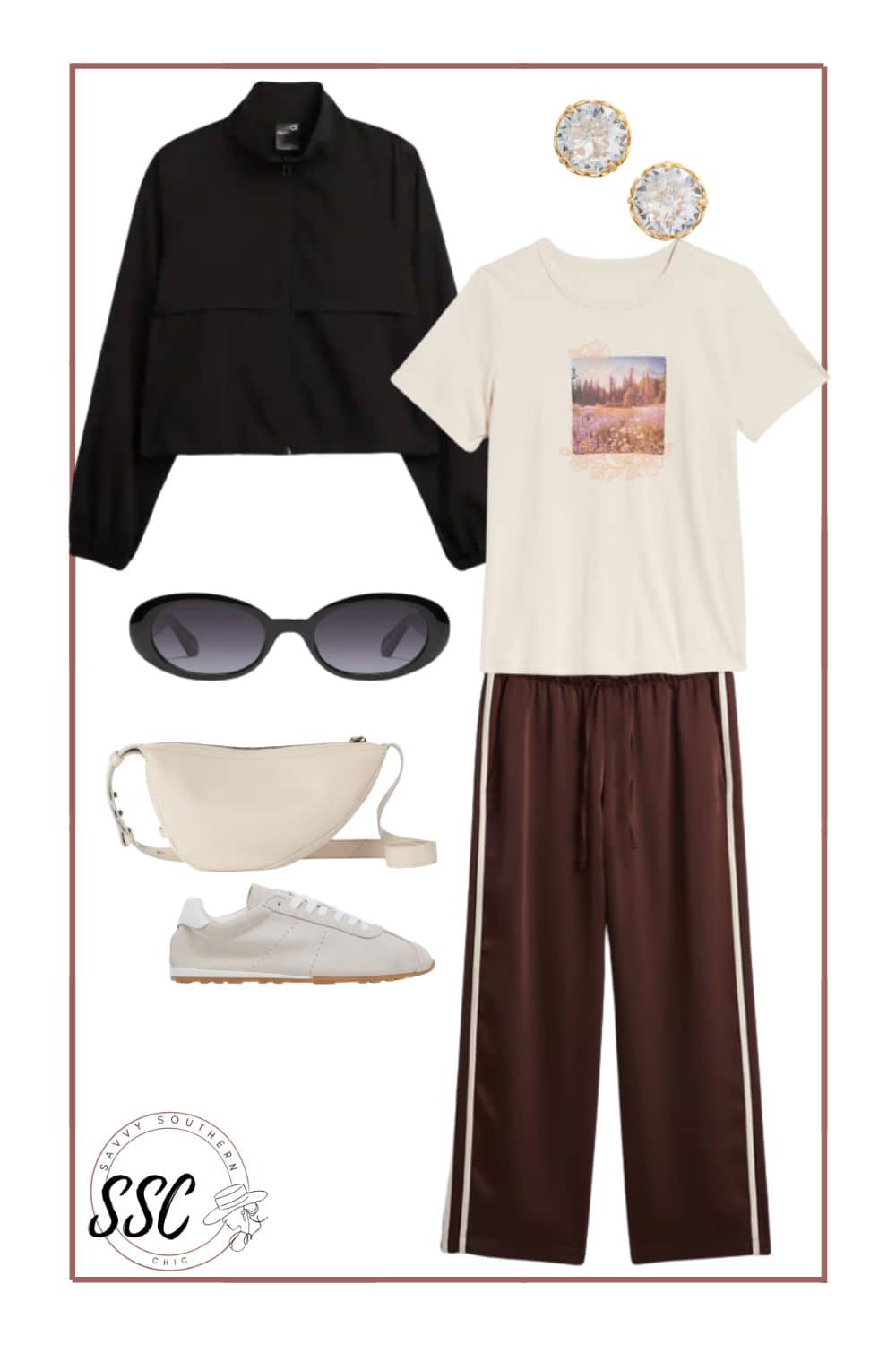 Windbreaker and track pants spring outfit