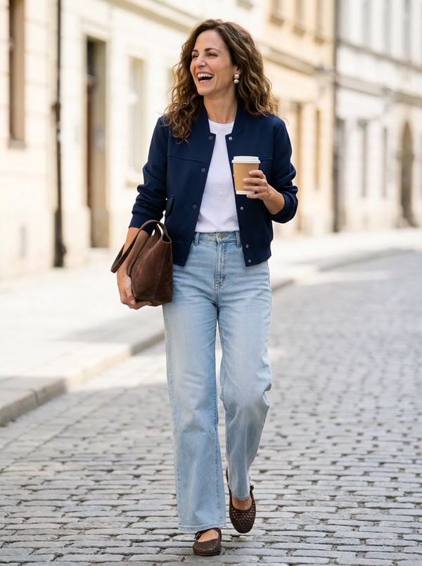 navy bomber jacket with white tee