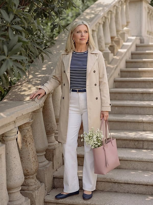 navy and white spring outfit with trench coat