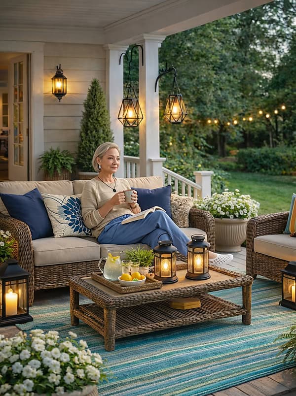 spring porch decor with woman reading book with coffee