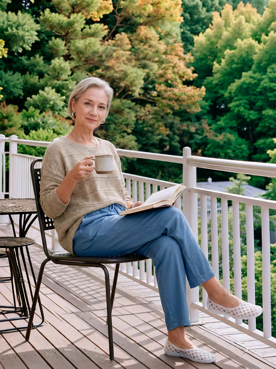 woman on balcony in simple lounging outfit