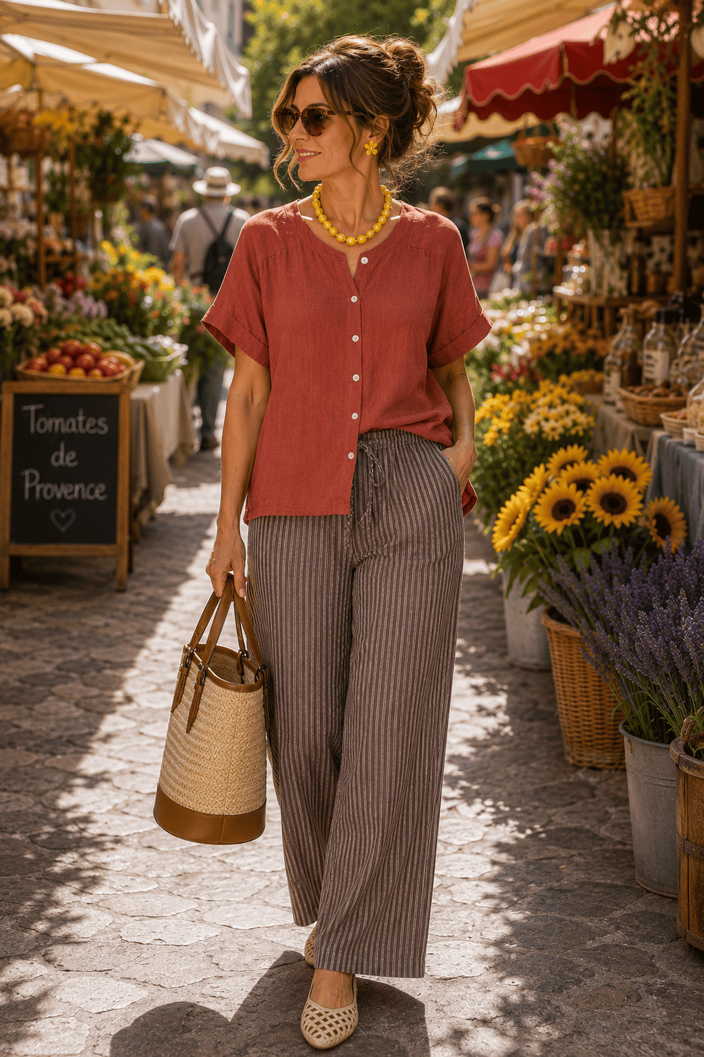 brown linen pants outfit