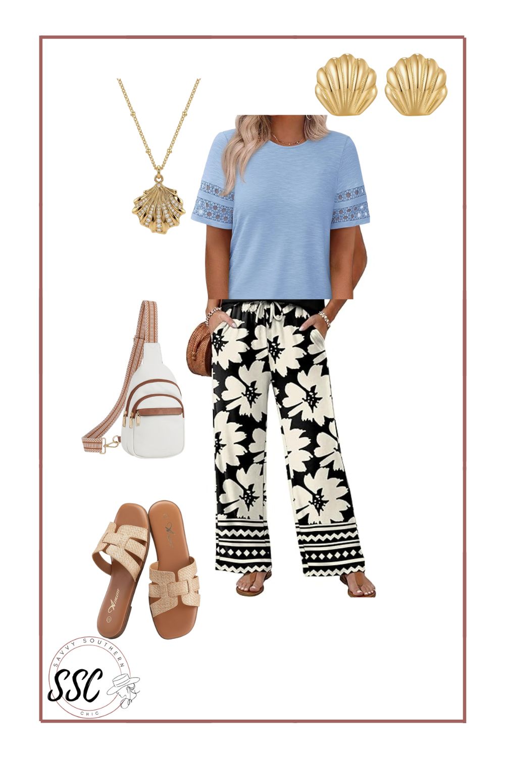 wide leg floral pants and top vacation outfit