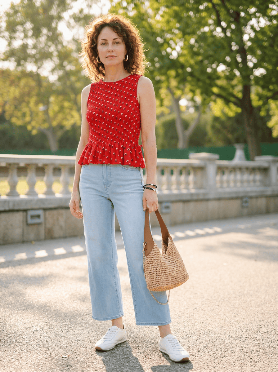 summer sneakers outfit with light wash jeans