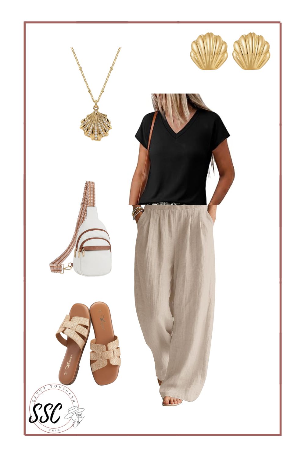 black tee and beige linen pants easy vacation outfit