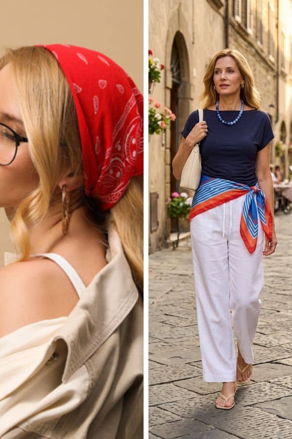 white pants with scarf at waist
