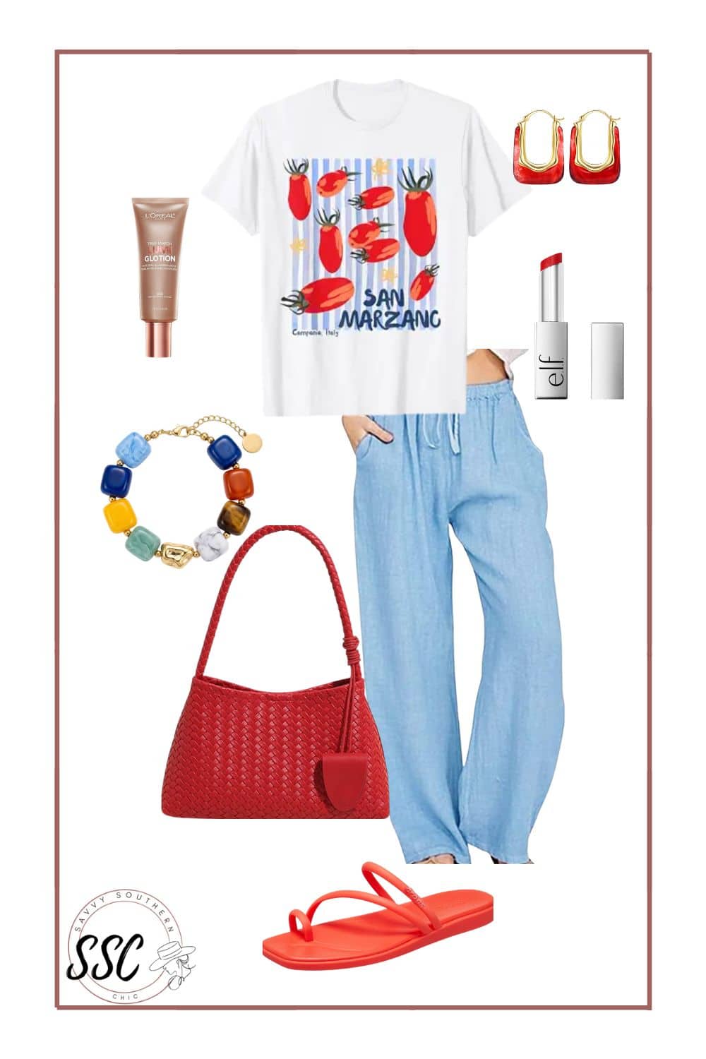 tomato red graphic tee outfit