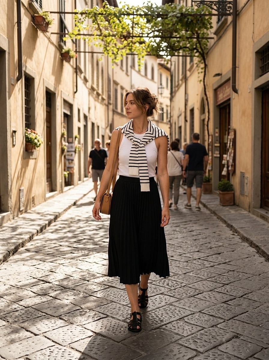 black skirt outfit with striped wrap scarf