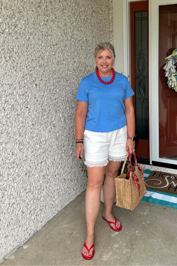 white lace trim shorts outfit, vacation outfit, beach outfit