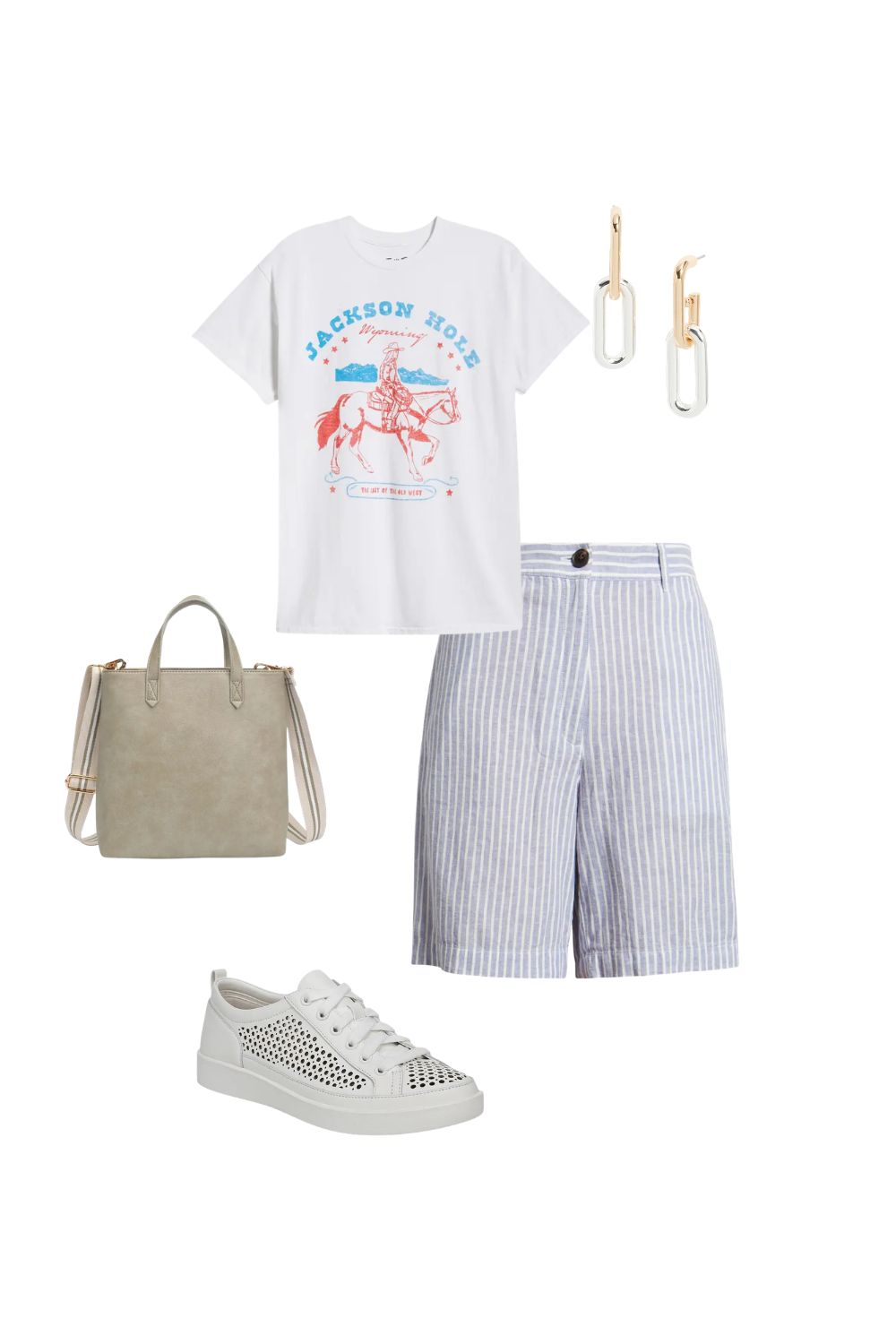 blue striped shorts with graphic tee