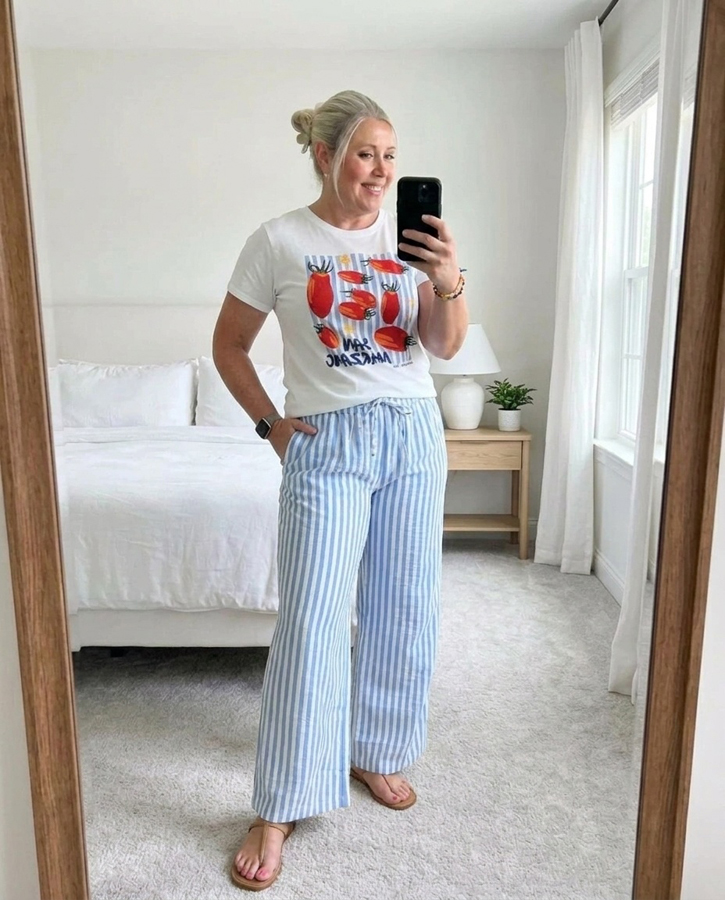 graphic tee and striped pants outfit