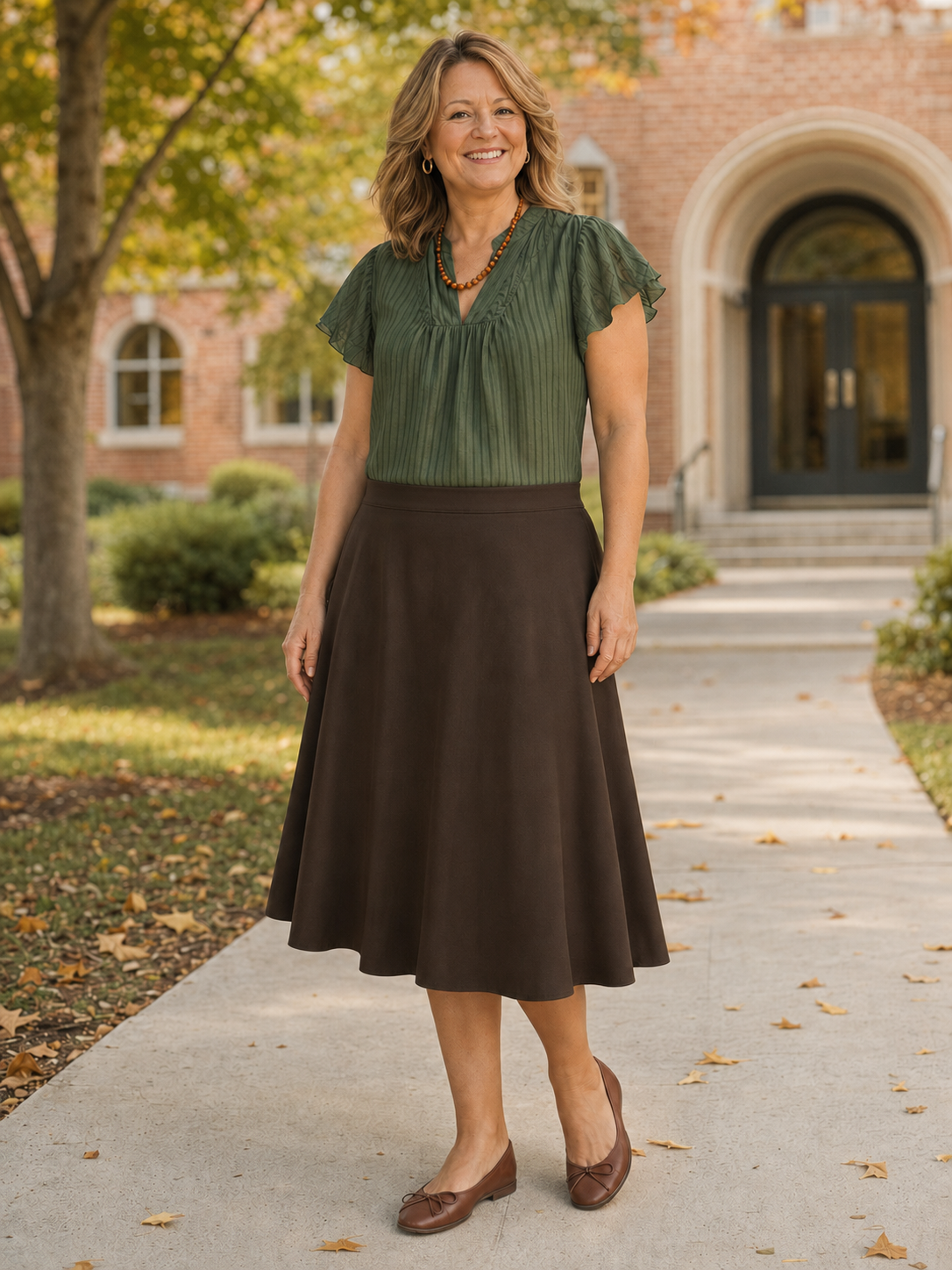 lace top and midi skirt outfit for women over 40