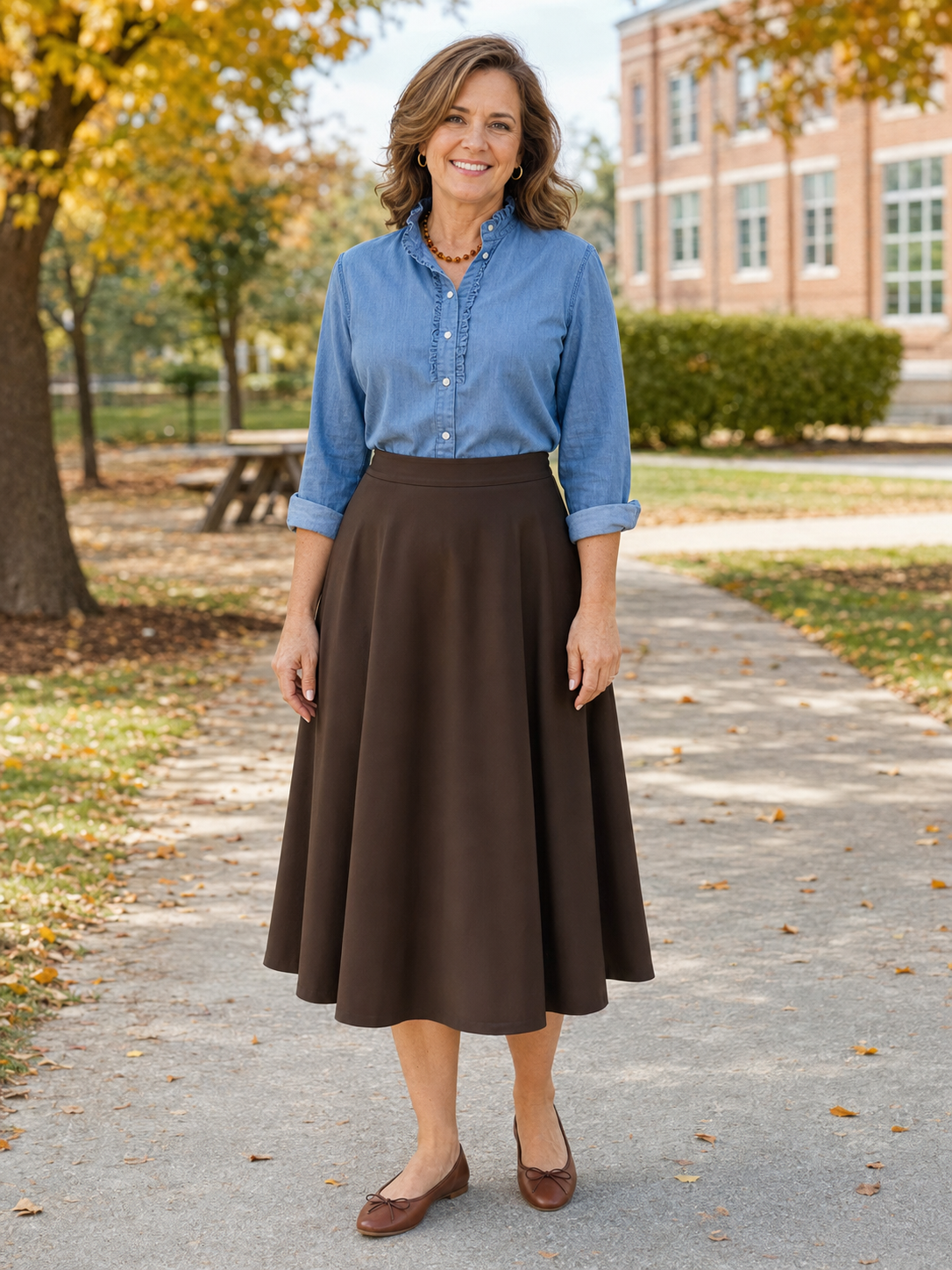 brown midi skirt outfit