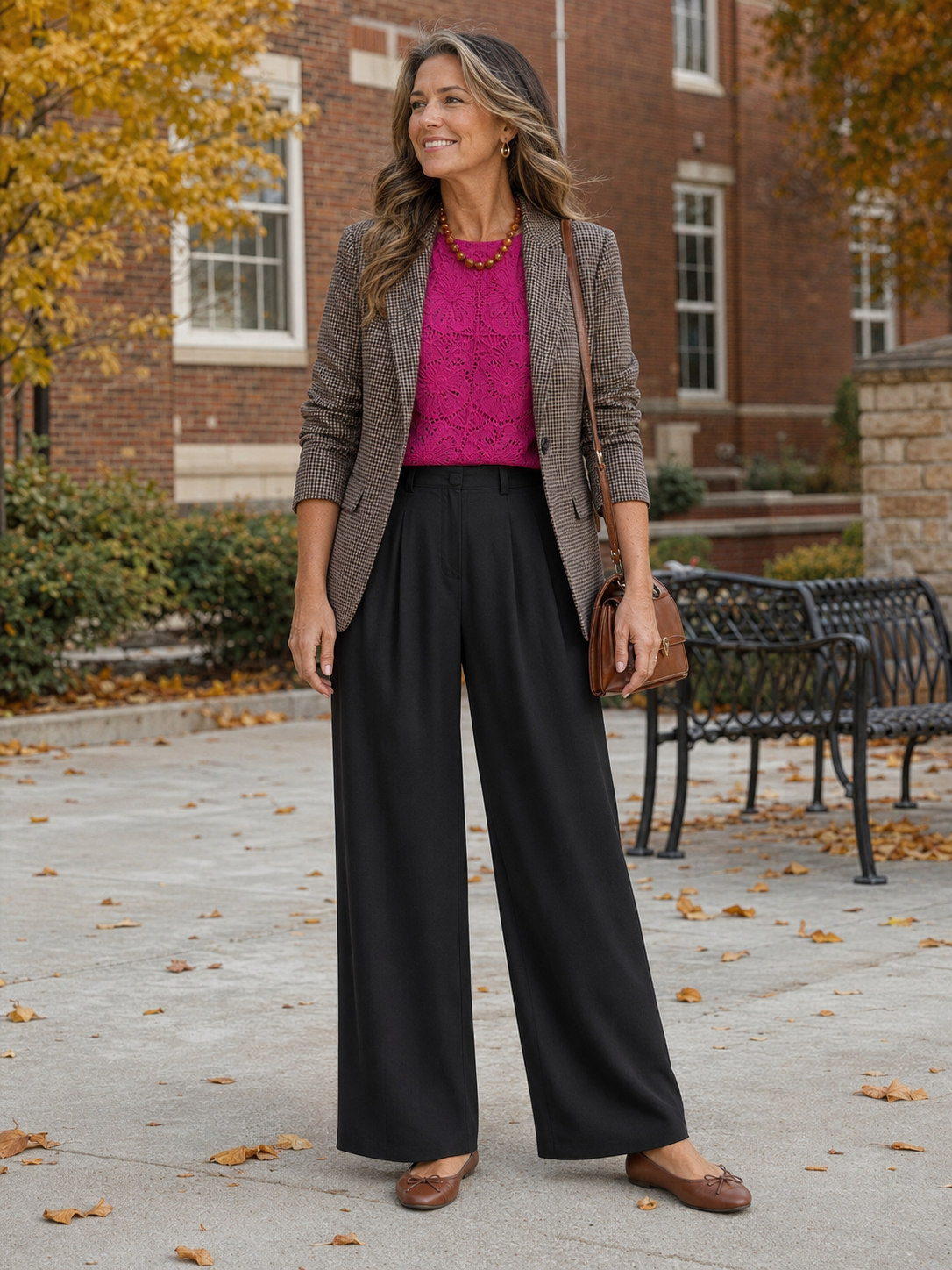 teacher outfit black slacks brown plaid blazer