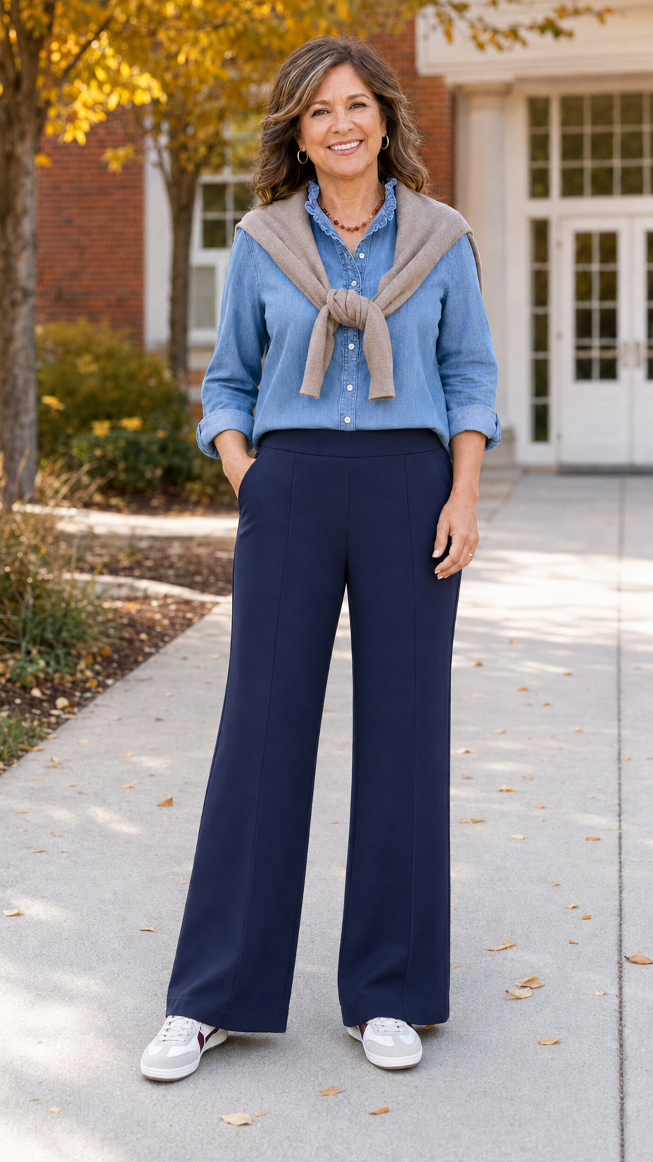 navy pull on pants and denim button up fall outfit