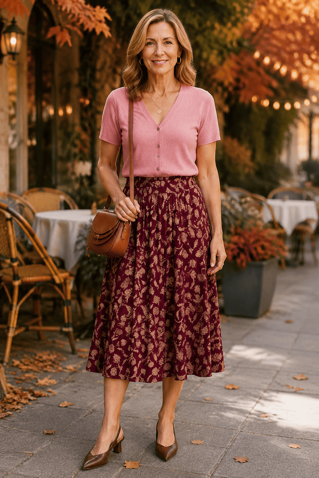 warm weather fall midi skirt outfit