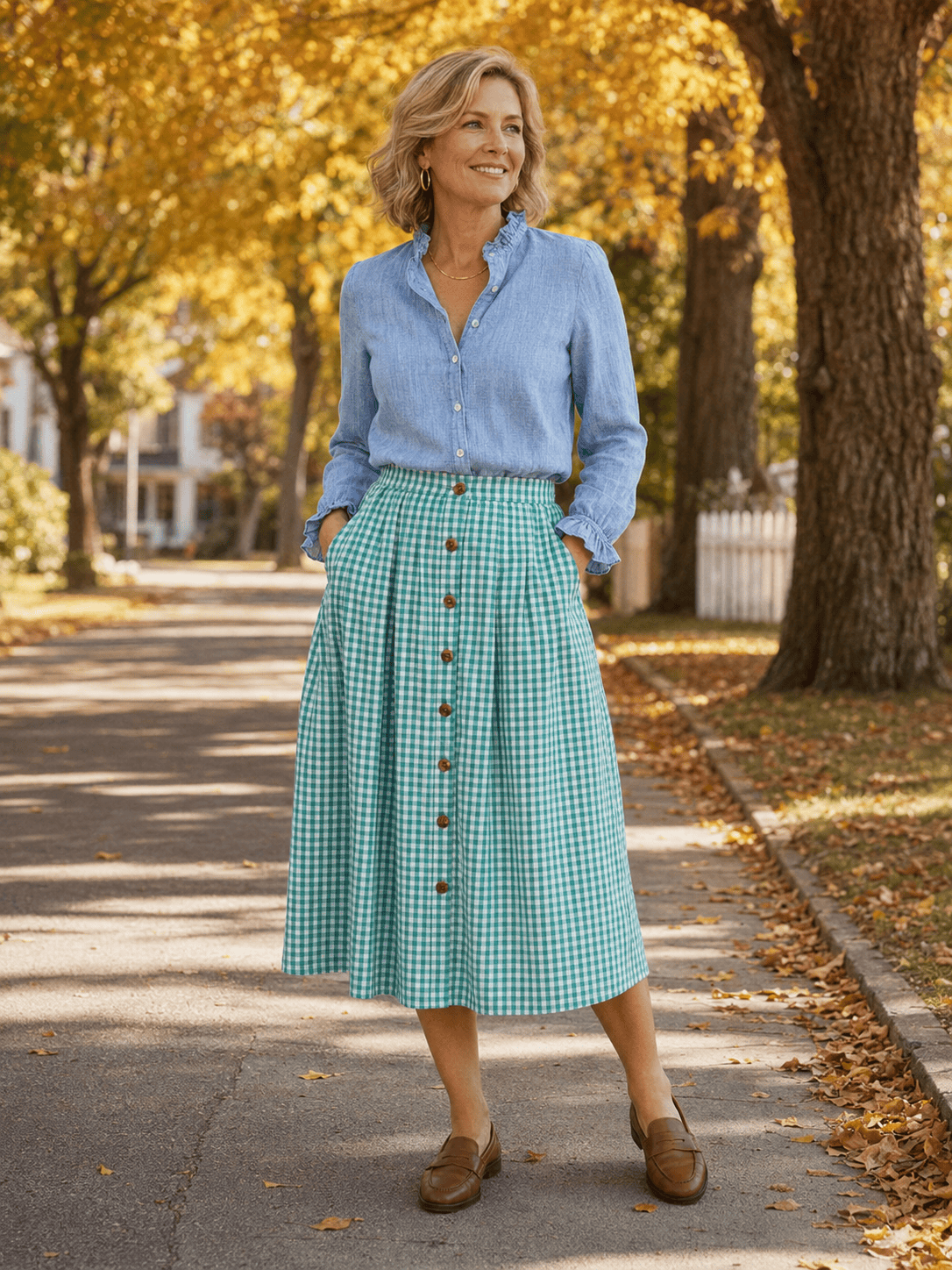 gingham skirt fall look