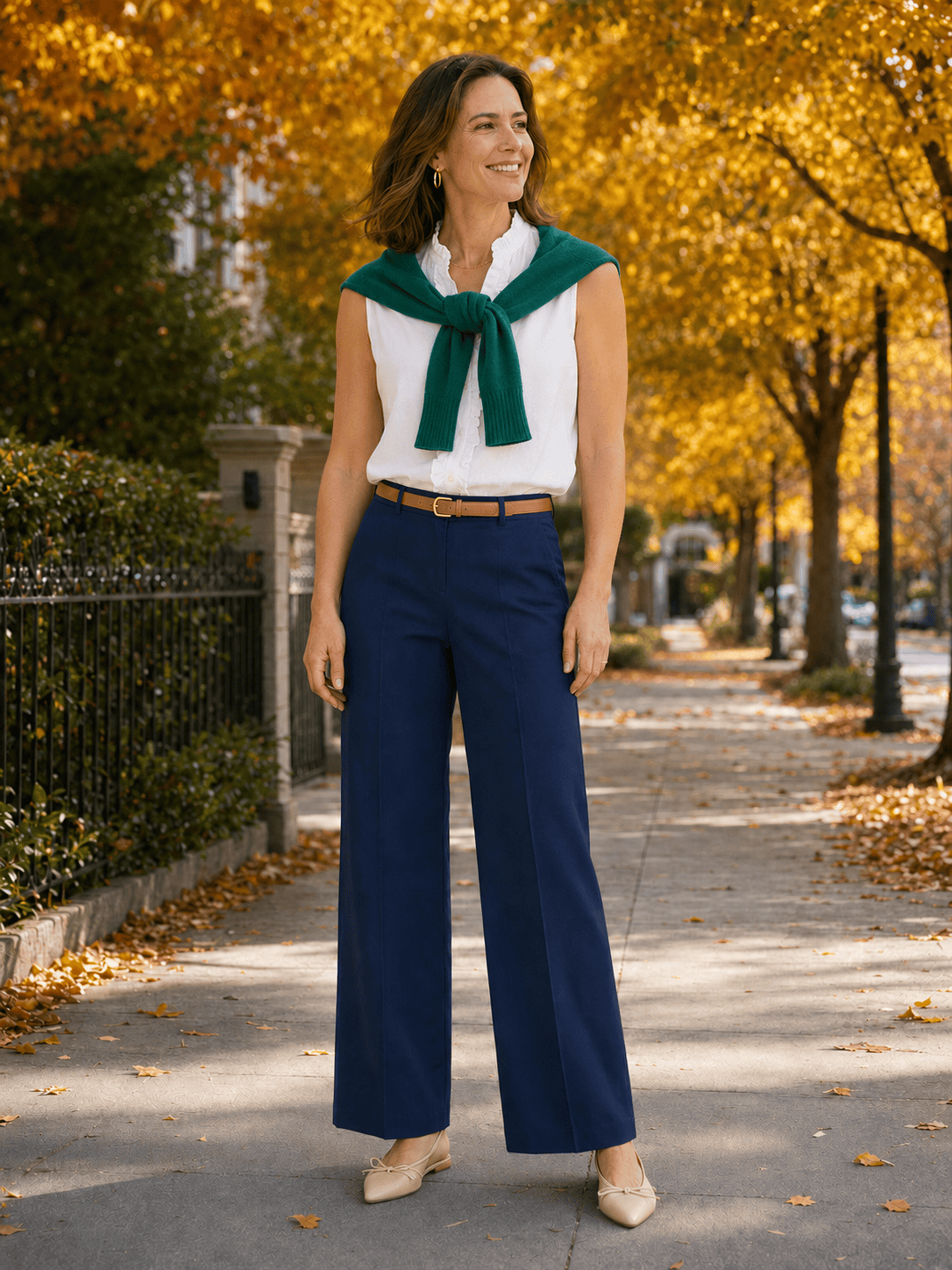 navy pants summer to fall outfit