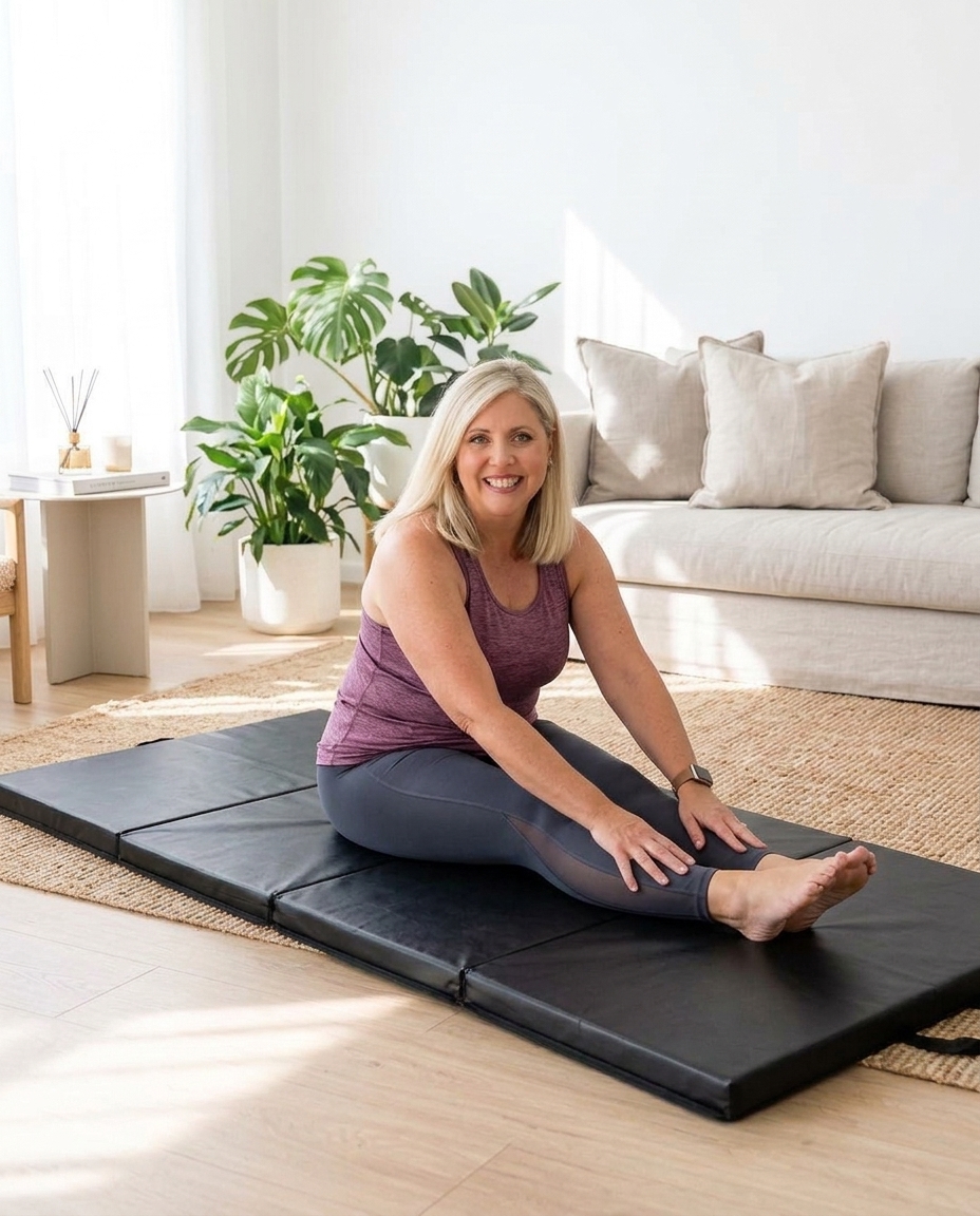 woman stretching on foldable mat