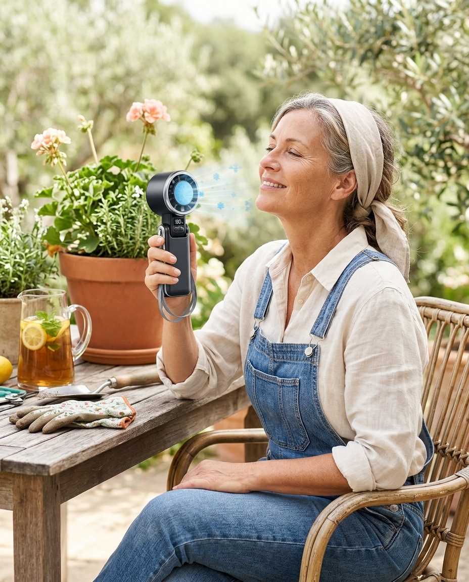 woman with cordless mini fan