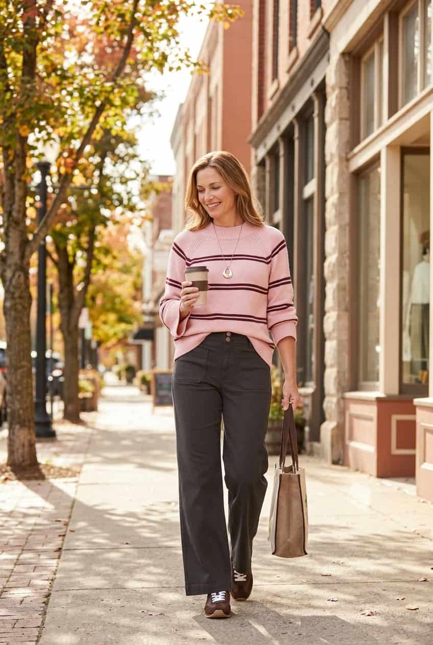 bold stripes sweater and brown jeans outfit