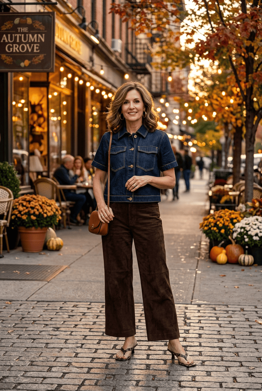 suede pants and dark denim outfit