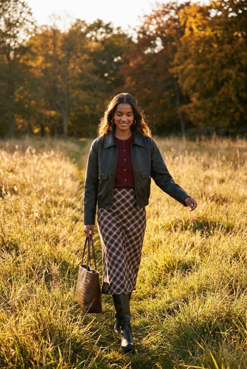 plaid skirt and leather jacket outfit