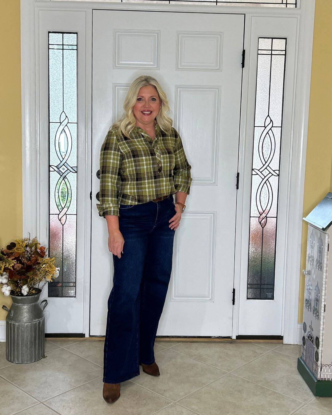plaid shirt and dark denim outfit